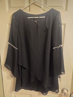 Black Chiffon Bell-Sleeve Women's Top with Pearl Trim